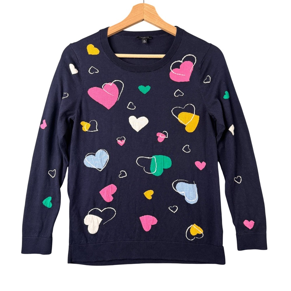 Talbots Petite Medium Navy Blue Heart Print Cotton Blend Pullover Sweater MP